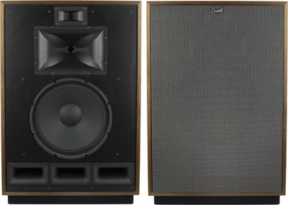 Klipsch Cornwall IV golvhögtalare i valnöt, 3 högtalarelement på svart front, galler på mellanregister, rektangulär form