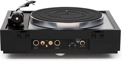 Hi-fi turntable TD 1601 with TP 160 black, rear view, RCA and XLR connectors, power supply, speed selector, circular platter