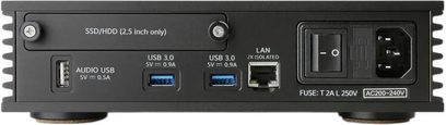 Reproductor de audio en red Aurender N150 negro, vista trasera con puertos USB, LAN, alojamiento SSD/HDD y toma de corriente