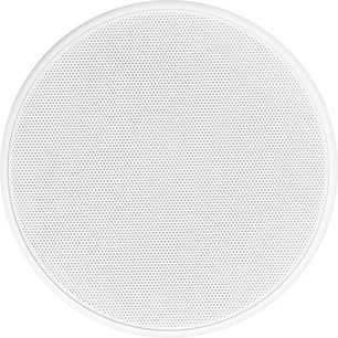 Caixa de som de embutir no teto Elipson IC8 branca, vista frontal, grade perfurada circular, moldura branca