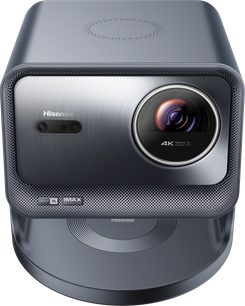 Hisense C2 Pro Projector, front view, rectangular gray casing, circular lens on the right, perforated surface