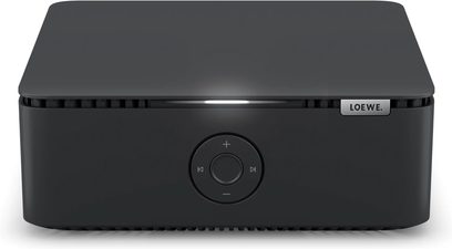 Loewe multi.room amp integreret stereoforstærker sort, kompakt kabinet med afrundede hjørner, frontvisning med central betjening