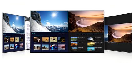 Skærmbilleder af tv-grænsefladen, der viser snedækkede bjerglandskaber og strande ved solnedgang