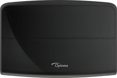 Videoproiettore Optoma UHZ68LV nero visto dall'alto con un logo Optoma bianco centrato vicino al bordo inferiore
