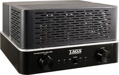 Taga Harmony TTA-500 sort hi-fi rørforstærker, set forfra, metalrist, knapper og stik på forsiden
