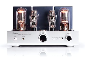 Cayin CS-805A ezüst, ecsetelt alumínium csőerősítője, előlről nézve, négy lámpa látszik, két nagy kör alakú gombbal, fejhallgató csatlakozóval és sorban elrendezett jelzőlámpákkal