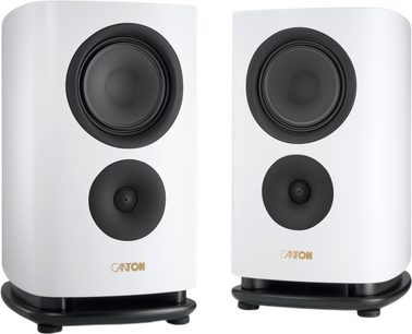 Pair of Canton Reference 9 GS bookshelf speakers in matte white, white front panel with rounded corners and black drivers