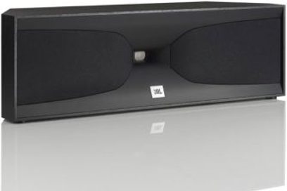 Rektangulær, forlænget sort midterkanal "JBL STUDIO 520C sort", set forfra, med hvidt "JBL"-logo i midten
