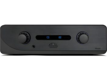 Atoll Electronique PR400 Evolution -stereoesivahvistin musta, harjattua alumiinia oleva etupaneeli, edestä katsottuna kaksi suurta symmetristä sinisellä valolla kehystettyä pyörösäädintä, keskellä sinisellä näytöllä varustettu näyttö ja 6,35 mm kuulokeliitäntä