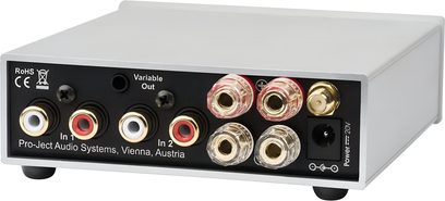 Pro-Ject Stereo Box S3 BT argento, vista posteriore con ingressi RCA, uscita variabile, morsetti per altoparlanti e antenna