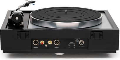 Hi-fi pladespiller TD 1601 med TP 160 sort, bagsidevisning, RCA- og XLR-tilslutninger, strømforsyning, hastighedsvælger, cirkulær pladetallerken