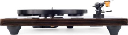 Giradischi Auris Audio Classica con base effetto legno scuro, piatto nero e testina arancione, vista frontale