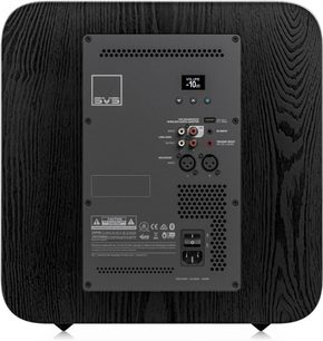 Subwoofer SVS SB-3000 R|Evolution em freixo preto visto por trás, painel de conexão preto com visor de volume