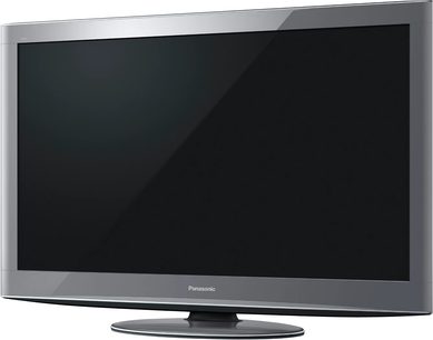 Frontalansicht des Panasonic TX-P50V20E Flachbildfernsehers, schwarzer Bildschirm ausgeschaltet, grau metallisierter Rahmen