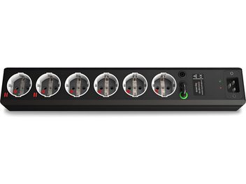 Мултиприза EAT Essential Audio Tools MM6+ в черно с 6 шукерови контакта в червено и зелено, с прекъсвач и зелен светодиоден индикатор