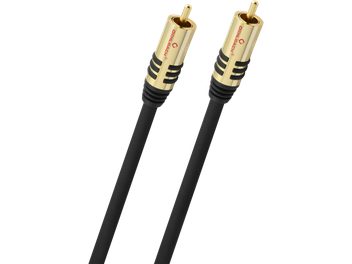 Oehlbach NF Sub 2m musta subwoofer-kaapeli muovivaipalla, lähikuva kahdesta kullatusta metallisesta RCA-urosliittimestä, joissa on mustat grip-renkaat ja punainen logo