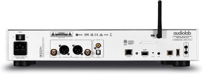 Nätverksljudspelare Audiolab 9000N silver sedd bakifrån med RCA-, XLR-, koaxial-, optisk-, Ethernet-, USB-anslutningar och Wi-Fi-antenn
