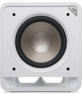 Polk Audio HTS 10 witte subwoofer, vooraanzicht, afgeronde kubieke vorm, centrale ronde zwarte luidspreker