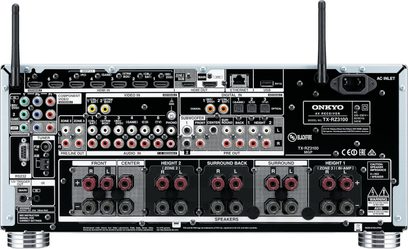 Frontvisning af en sort Onkyo TX-RZ3100 hjemmebiografsforstærker med talrige stik og knapper på forsiden