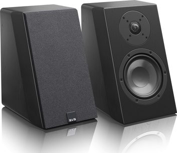 To SVS Ultra Elevation Dolby Atmos-høyttalere i sort ask, sett forfra på hvit bakgrunn