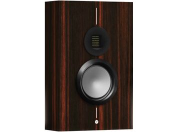 Diffusore da scaffale Monitor Audio Gold On-Wall 6G macassar, vista frontale, finitura in legno scuro, 2 altoparlanti circolari