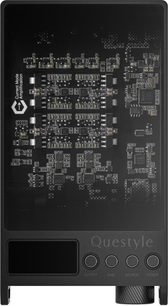 Convertor audio Questyle SIGMA PRO negru, cu panou frontal din sticlă care lasă să se vadă circuitele și afișajul frontal, butoanele și rotița