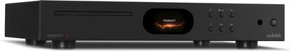 Reproductor de CD de alta fidelidad Audiolab 7000CDT negro con panel frontal rectangular, pantalla central, ranura para CD a la izquierda, botones a la derecha