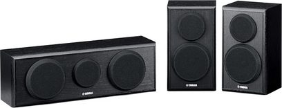Yamaha NS-P150 sort højttalerpakke: 3 gulvhøjtalere og 2 reolhøjtalere, frontvisning, sort finish