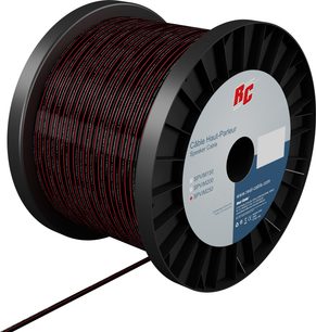 Cievka reproduktorového kábla Real Cable SPVIM250 čierna, tesne navinutá, biela etiketa, na bielom pozadí