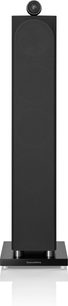 Sloupcový reproduktor Bowers & Wilkins 702 S3 v černé lakové úpravě, pohled zepředu, vertikální obdélníkový tvar, kulatý výškový reproduktor nahoře