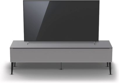 Lavt, rektangulært TV-møbel i sort og lysegrå, rent moderne design, integreret skærm, glashylde