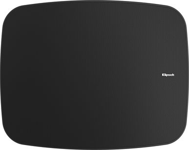 Diffusore Klipsch PSM-800-T nero, vista frontale, griglia metallica perforata con angoli arrotondati e logo bianco