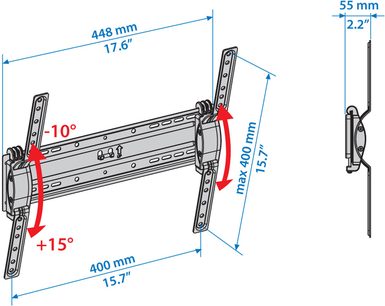 Vægmonteret, drejelig og vippelig TV-beslag i sort metal, detaljerede mål og vinkler angivet på teknisk diagram