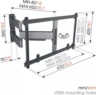 Zwarte Vogel's Elite TVM 5645 tv-muurbeugel met scharnierende armen, met afmetingen en aanduiding van 180° draaibereik