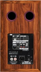 Boxă inteligentă Triangle Borea 03 Connect, vedere din spate, lemn maro, 2 porturi bass-reflex, USB/coaxial/optic/HDMI ARC/RCA, priză IEC