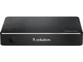 Multimedia-Player Player Mini, Vorderansicht, rechteckiges schwarzes Gehäuse, zentriertes R_volution-Logo, runder Knopf links