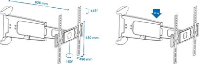 Vægmonteret TV-beslag Norstone Mount Jura D3255-RSD, teknisk diagram med dimensioner i mm og angivelse af ±15° vippemulighed og maksimal belastning på 35 kg