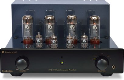Amplificatore a valvole PrimaLuna EVO 200 nero, vista frontale, 4 valvole EL34 illuminate, manopole e prese sul frontale, cabinet rettangolare