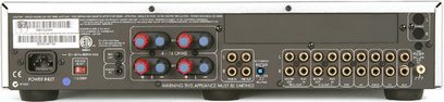 Arcam DIVA-A90 hi-fi stereo amplifier, rear view, audio and video connectors, power sockets, switch, close-up view