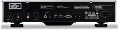 Rotel RCD-1572 sort CD-afspiller, frontvisning, tilslutninger på bagsiden, digitalt display, kontrolknapper og -hjul