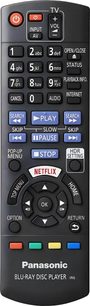 Controle remoto Panasonic para leitor Blu-ray 4K DP-UB820EFK, vista frontal, botões pretos, azuis, vermelhos, brancos, cinzas