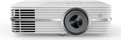 Optoma UHD40 hvid videoprojektor, set forfra, centreret linse, sideventilationsriste