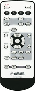 Yamaha TSX-130 Fernbedienung mit Tasten für Funktionen wie FM/AM-Radio, CD, USB, iPod, Uhr, Timer, Lautstärke, Frontalansicht