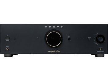 Προενισχυτής στερεοφωνικός Onkyo ICON P-80 μαύρος μεταλλικός, όψη μπροστά, μεγάλο κεντρικό κουμπί, υποδοχή ακουστικών 6,35 mm
