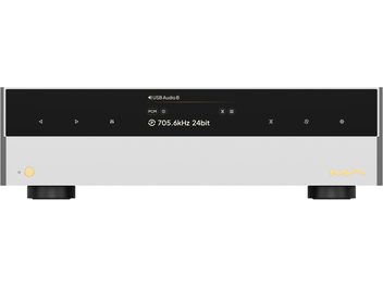 Audio DAC prevodník Matrix Audio ND-1 strieborný, hliníkový predný panel, veľký čierny displej a zlaté tlačidlo spredu