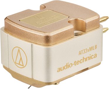 Cápsula fonográfica Audio-Technica AT33xMLB, cuerpo metálico bicolor en champán y dorado, aguja y 2 pines, vista en tres cuartos