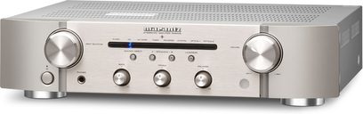 Amplificator hi-fi stereo Marantz PM6006 argintiu auriu, vedere frontală, față din aluminiu perlat cu butoane și mufe pe față