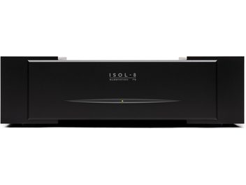 Svart Isol-8 SubStation F5 Axis nätkonditionerare, framifrån med fasad frontpanel och gul indikator i mitten