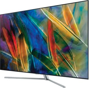 Samsung QE55Q7F fladskærms-TV, tynd skærm, metalben, viser farverige fjer i klare nuancer