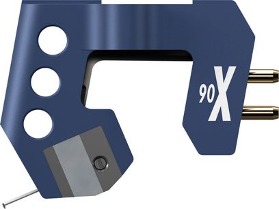 Mėlyna hi-fi MC 90X patefono galvutė su 3 apvaliais atidarymais, 2 paauksuotais jungtimis ir plonu metaliniu antgaliu